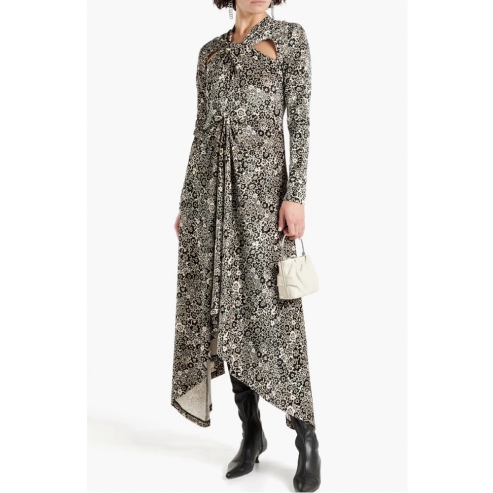 NWT Rosetta Getty Asymmetric‎ Twist-Front Floral Print Dress Brown Cream L $990